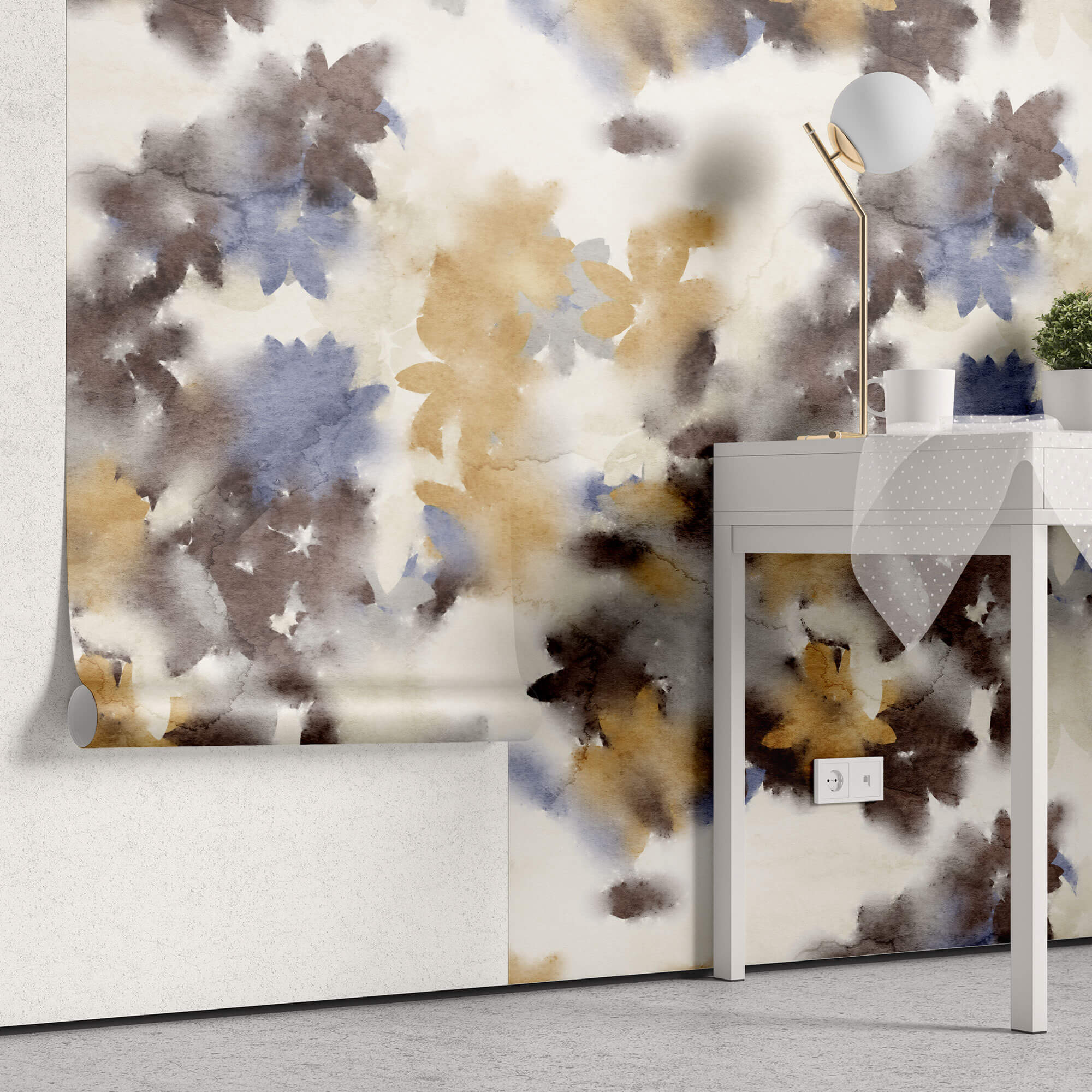 Tapet Personalizat Watercolor cu flori in nuante fade maronii si albastre - BLUE WATERCOLOR FLOWERS