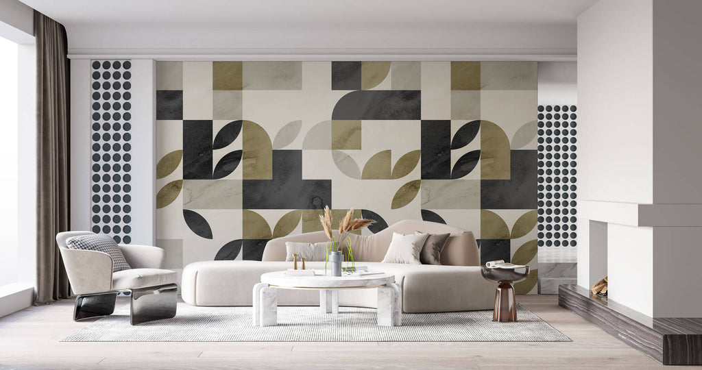 Tapet Personalizat Watercolor cu model abstract de frunze in nunante verde kaki - KHAKI WATERCOLOR LEAVES
