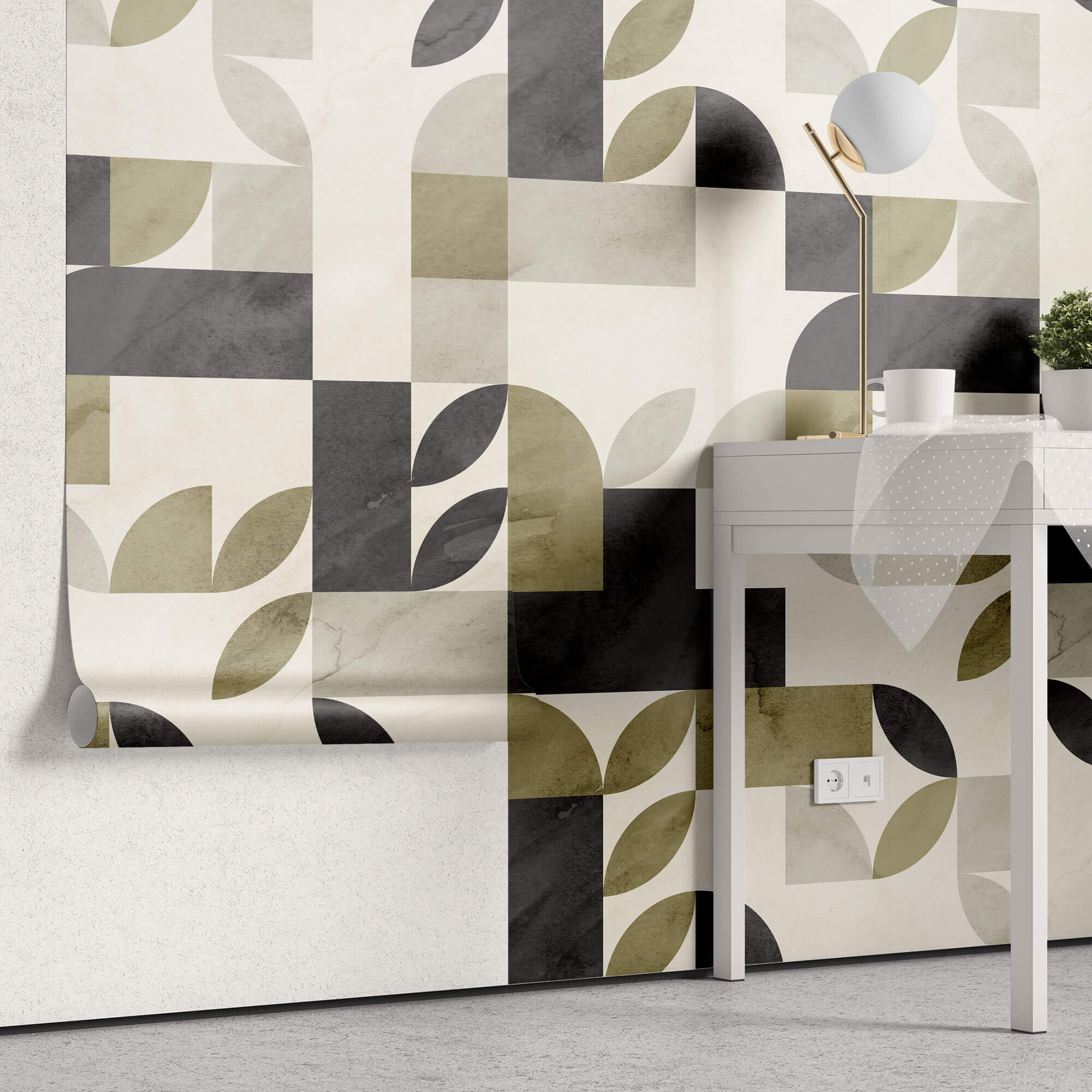 Tapet Personalizat Watercolor cu model abstract de frunze in nunante verde kaki - KHAKI WATERCOLOR LEAVES