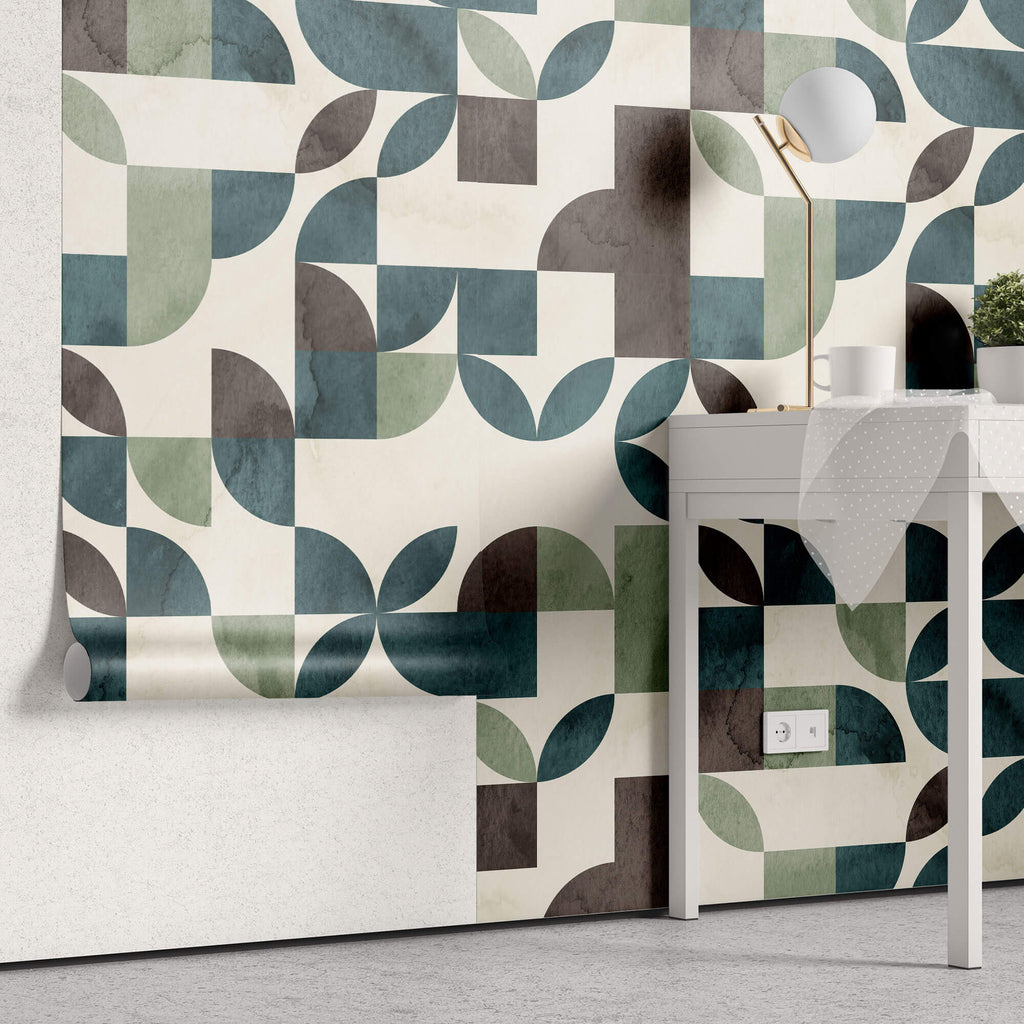 Tapet Personalizat Watercolor cu model abstract de frunze in nunante turcoaz si maro - TURQUOISE WATERCOLOR LEAVES