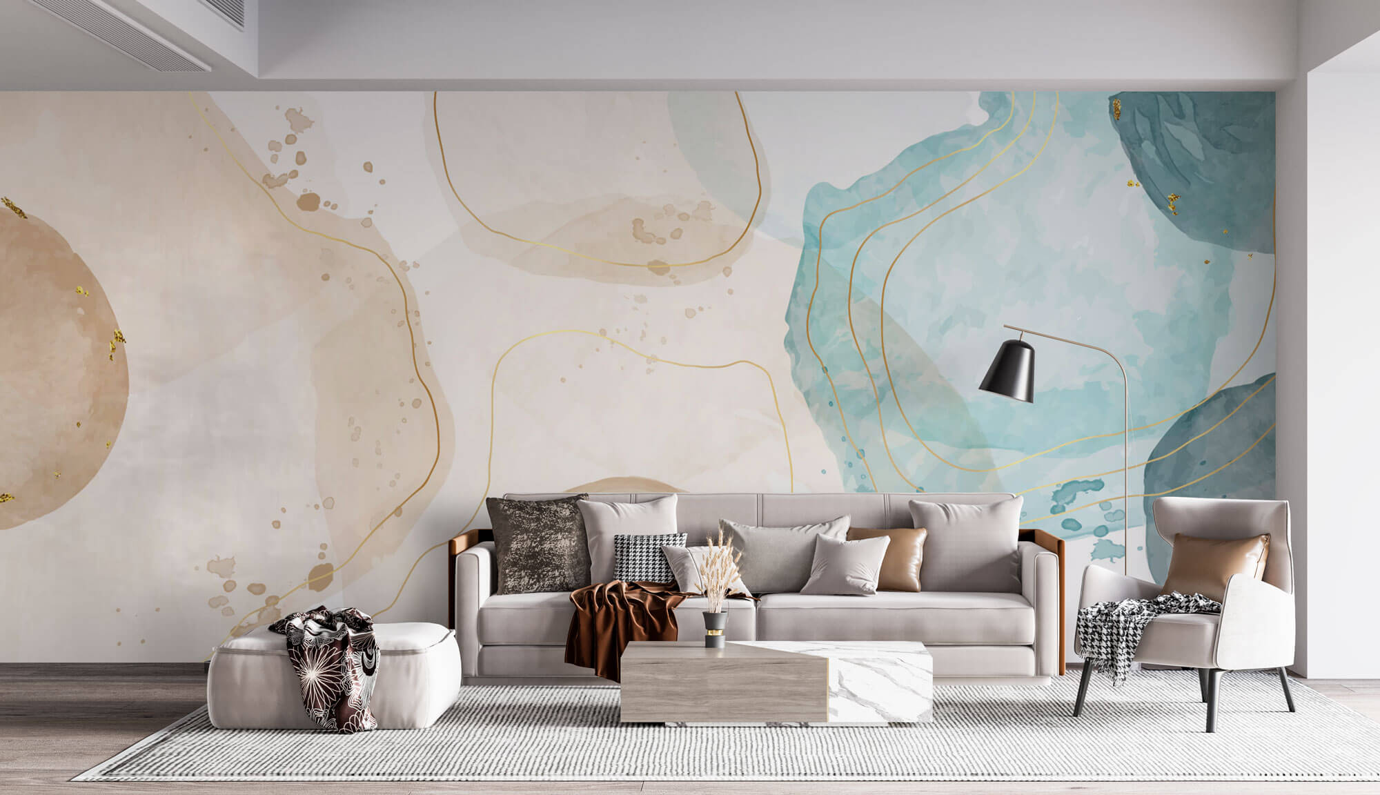 Tapet Personalizat Watercolor cu pictura abstracta in nuante rozalii si albastru deschis - MEDITERRANEAN COFFEE