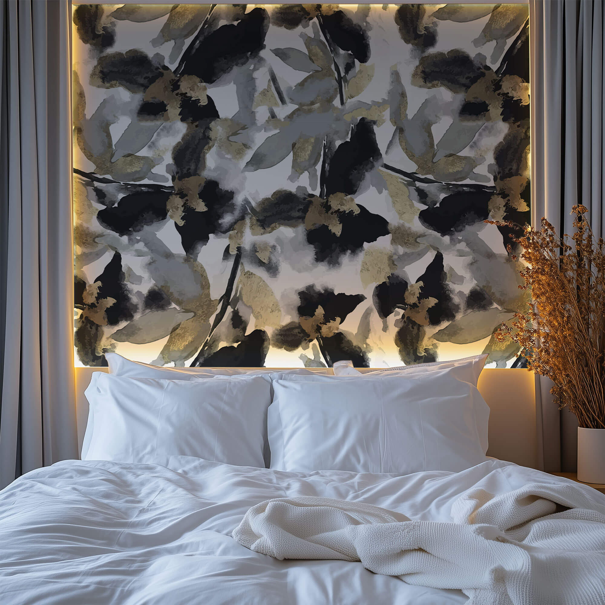 Tapet Personalizat Watercolor cu frunze abstracte in nuante de negru si auriu - BLACK WATERCOLOR FLOWERS