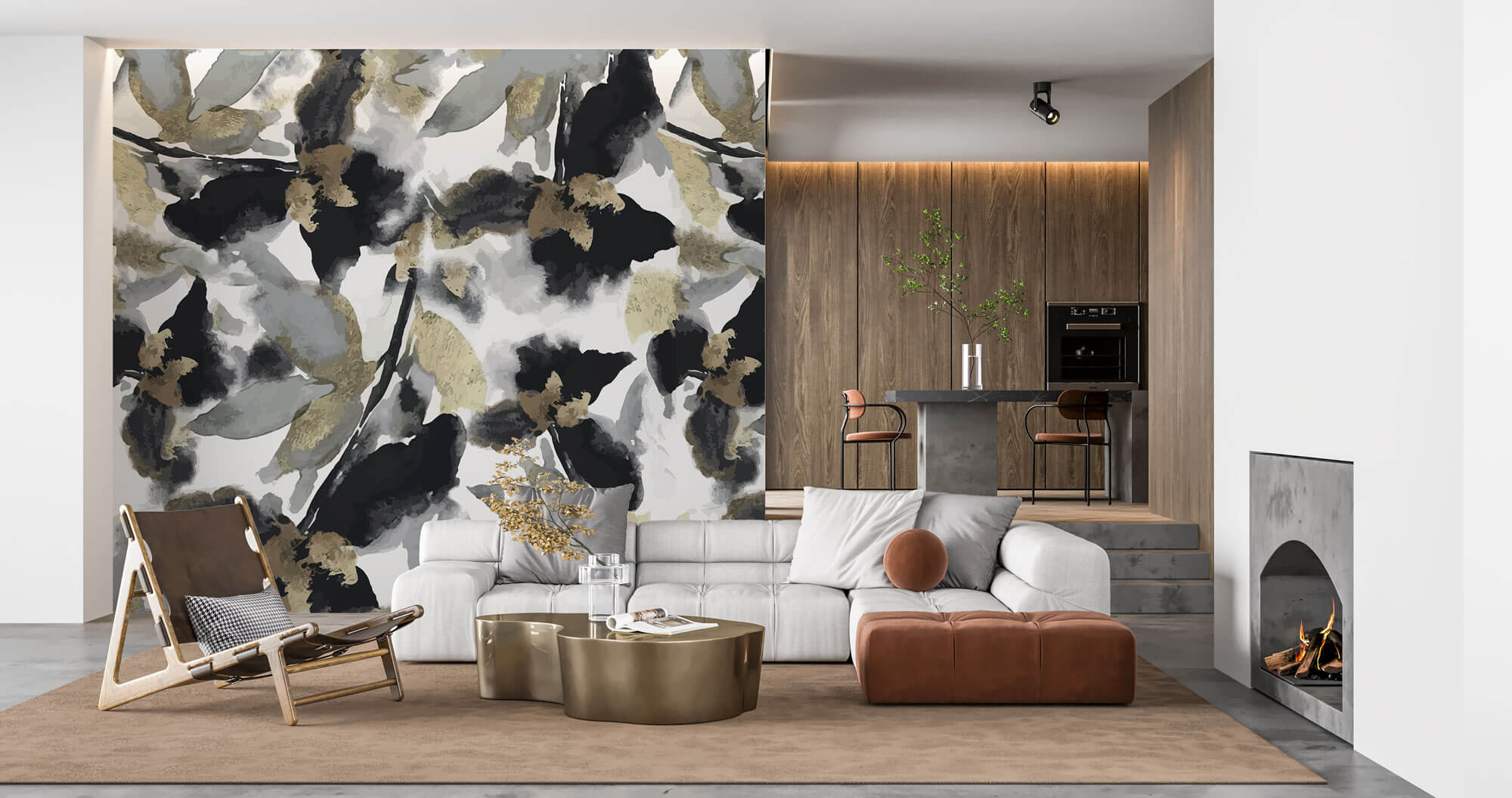 Tapet Personalizat Watercolor cu frunze abstracte in nuante de negru si auriu - BLACK WATERCOLOR FLOWERS