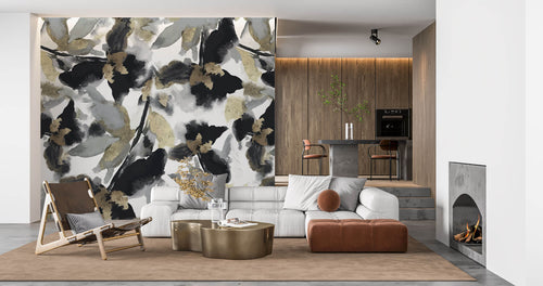 Tapet Personalizat Watercolor cu frunze abstracte in nuante de negru si auriu - BLACK WATERCOLOR FLOWERS