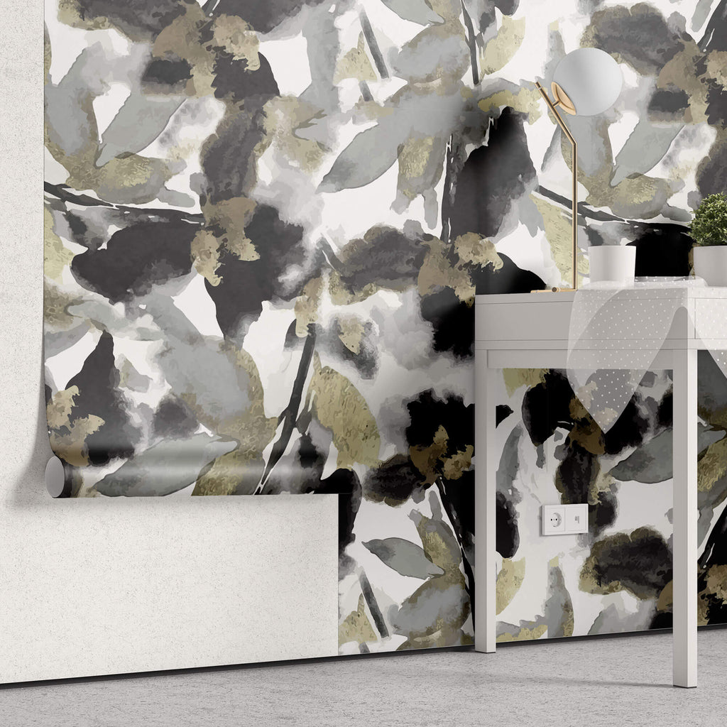 Tapet Personalizat Watercolor cu frunze abstracte in nuante de negru si auriu - BLACK WATERCOLOR FLOWERS