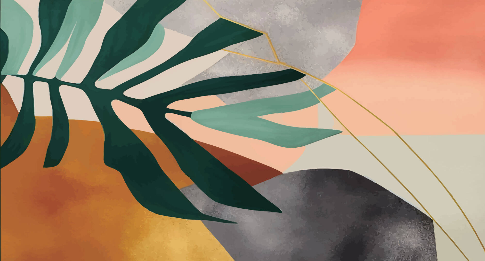 Tapet Personalizat Watercolor cu frunza de palmier si elemente abstracte - ACCENT COLOR LEAF
