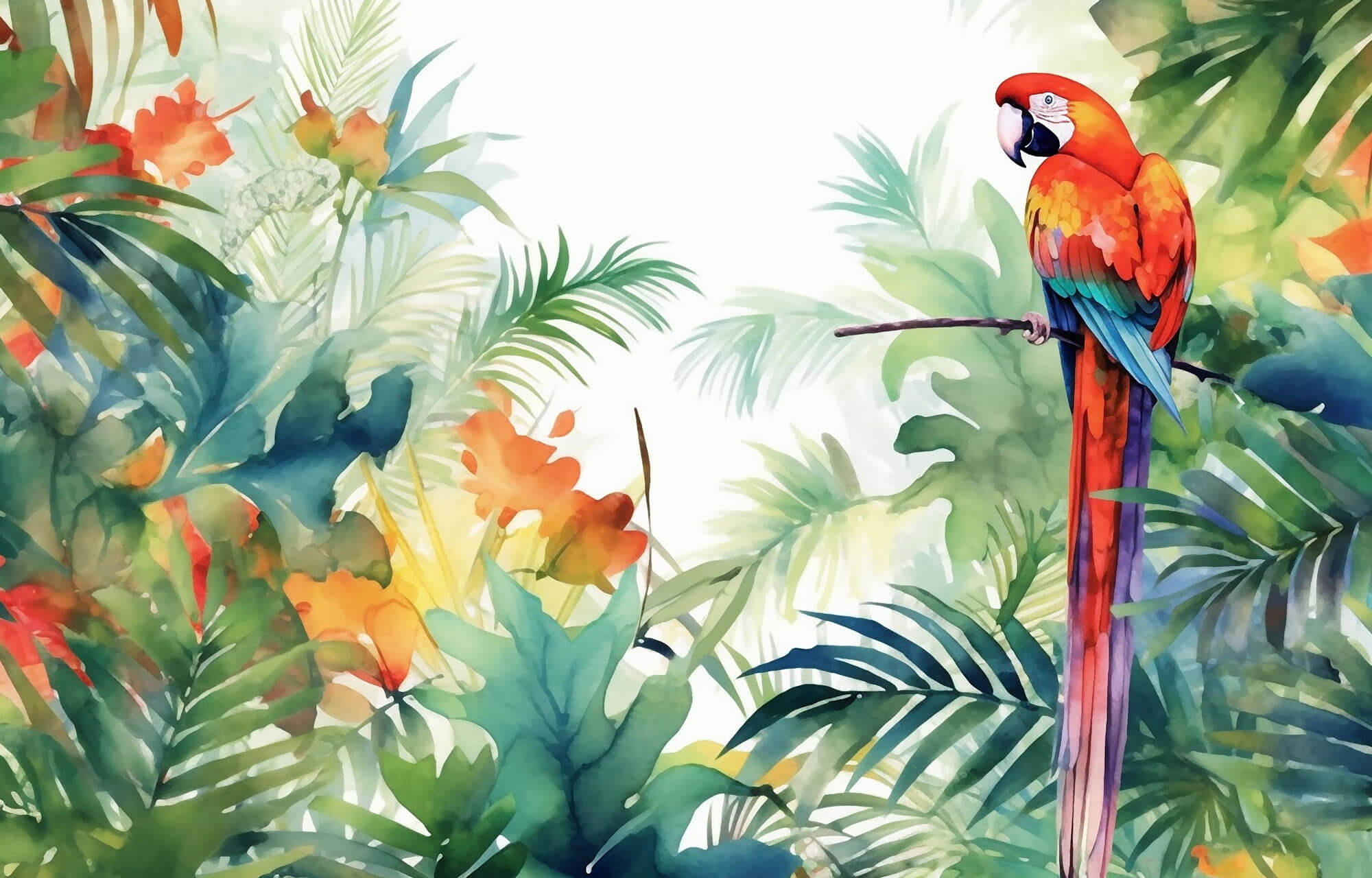 Tapet Personalizat Watercolor cu peisaj tropical cu papagal colorat - EXOTIC WATERCOLOR PARROT