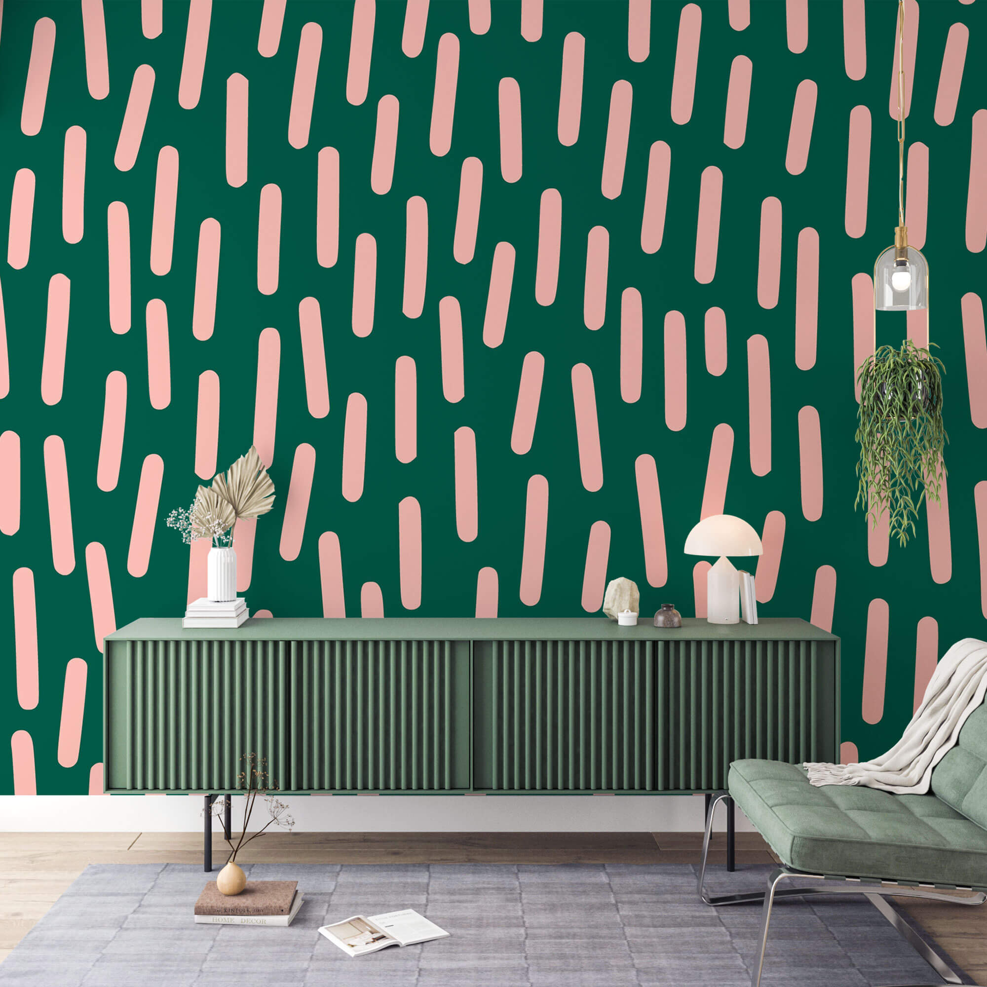 Tapet Personalizat Patterns cu ilustratie abstracta cu linii roz si fundal verde - PINK LINES