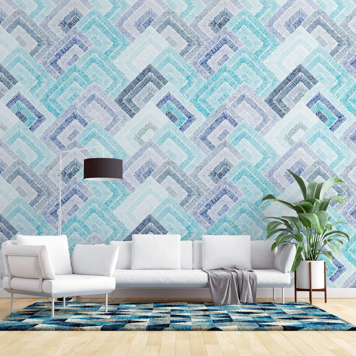 Tapet Personalizat Patterns cu forme abstracte similare unor cusaturi textile in nuante de albastru - BLUE ABSTRACT STITCHES