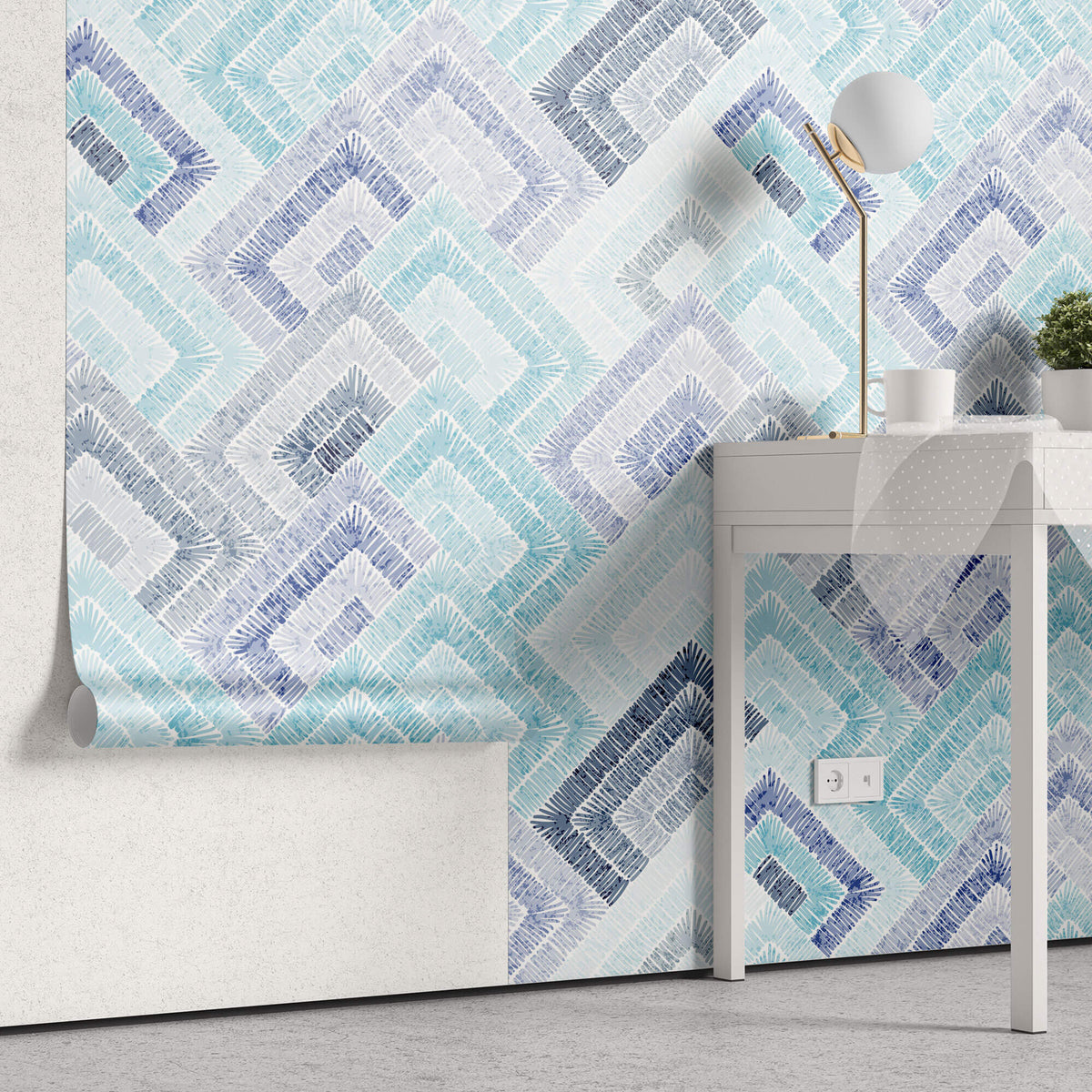 Tapet Personalizat Patterns cu forme abstracte similare unor cusaturi textile in nuante de albastru - BLUE ABSTRACT STITCHES