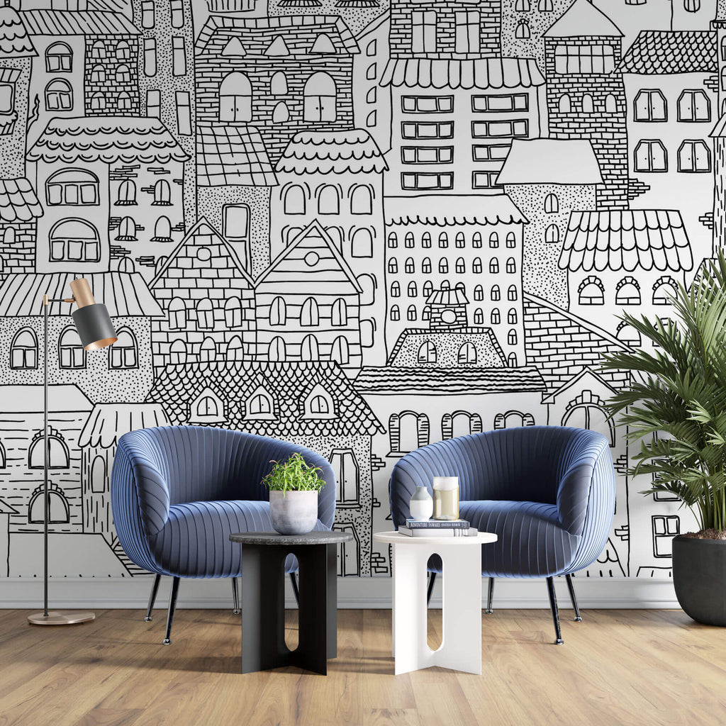 Tapet Personalizat Patterns cu cladiri desenate in alb negru - BUILDINGS SKETCH
