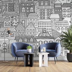 Tapet Personalizat Patterns cu cladiri desenate in alb negru - BUILDINGS SKETCH