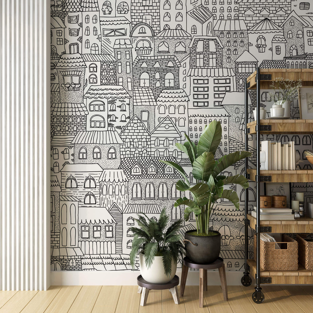 Tapet Personalizat Patterns cu cladiri desenate in alb negru - BUILDINGS SKETCH