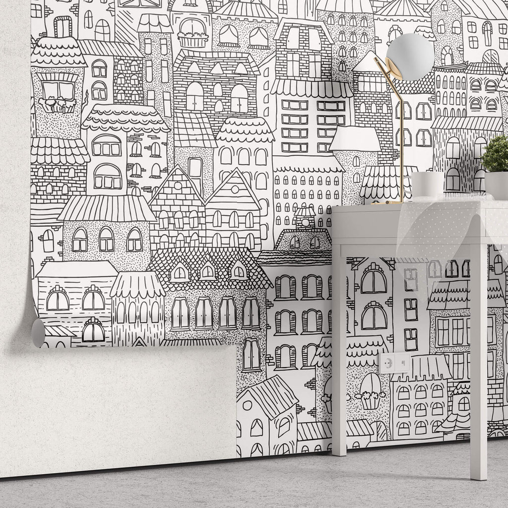 Tapet Personalizat Patterns cu cladiri desenate in alb negru - BUILDINGS SKETCH