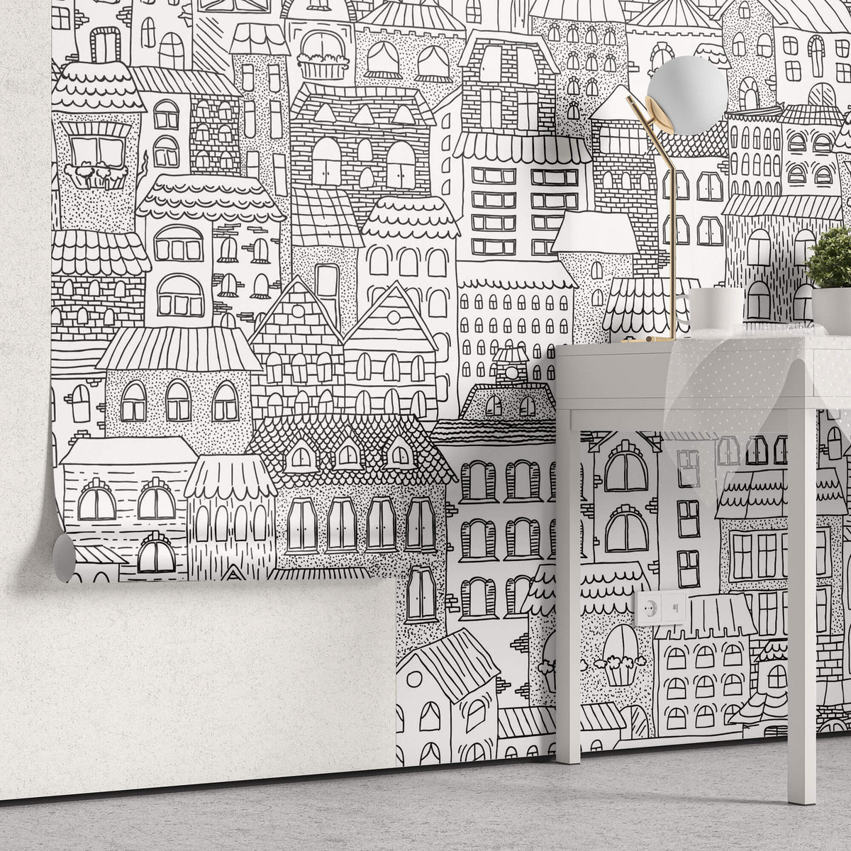 Tapet Personalizat Patterns cu cladiri desenate in alb negru - BUILDINGS SKETCH