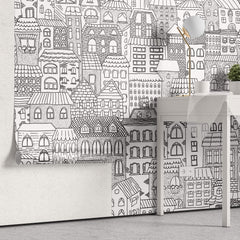 Tapet Personalizat Patterns cu cladiri desenate in alb negru - BUILDINGS SKETCH