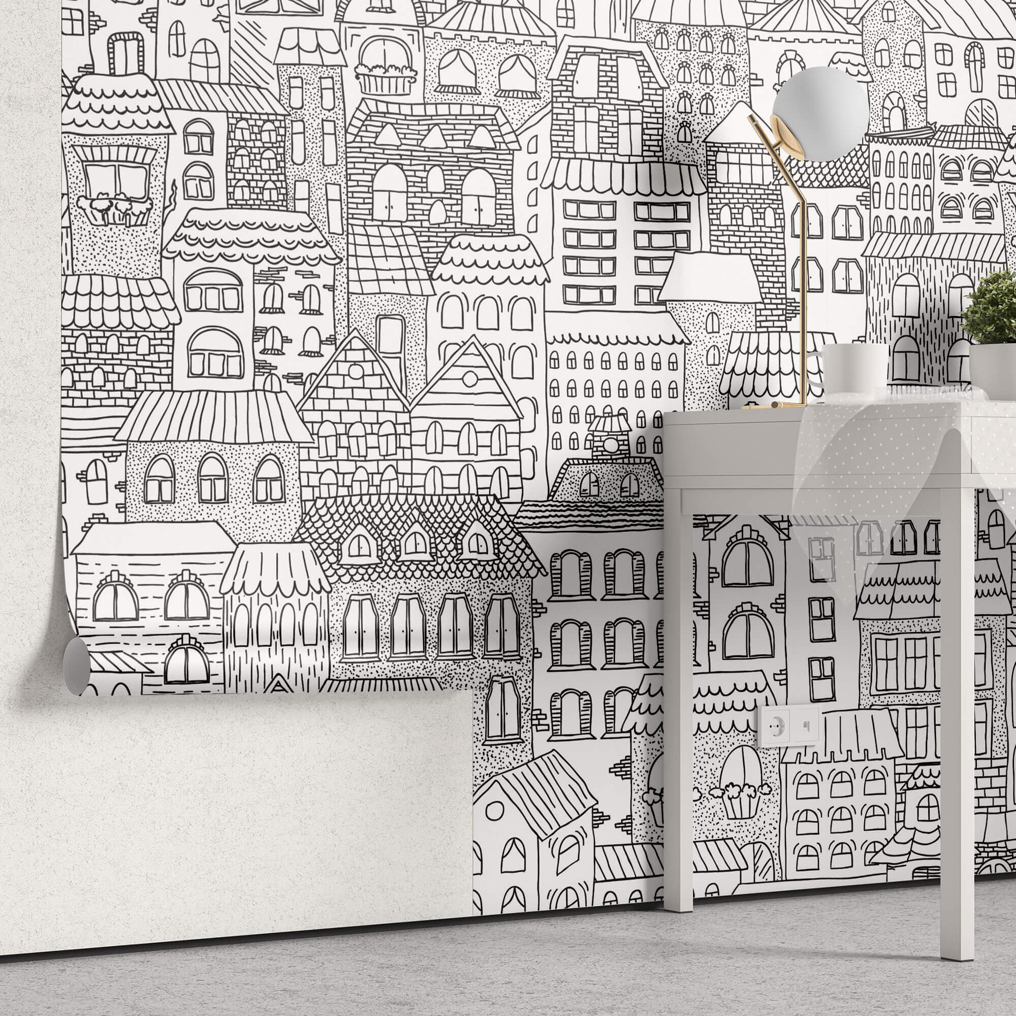 Tapet Personalizat Patterns cu cladiri desenate in alb negru - BUILDINGS SKETCH