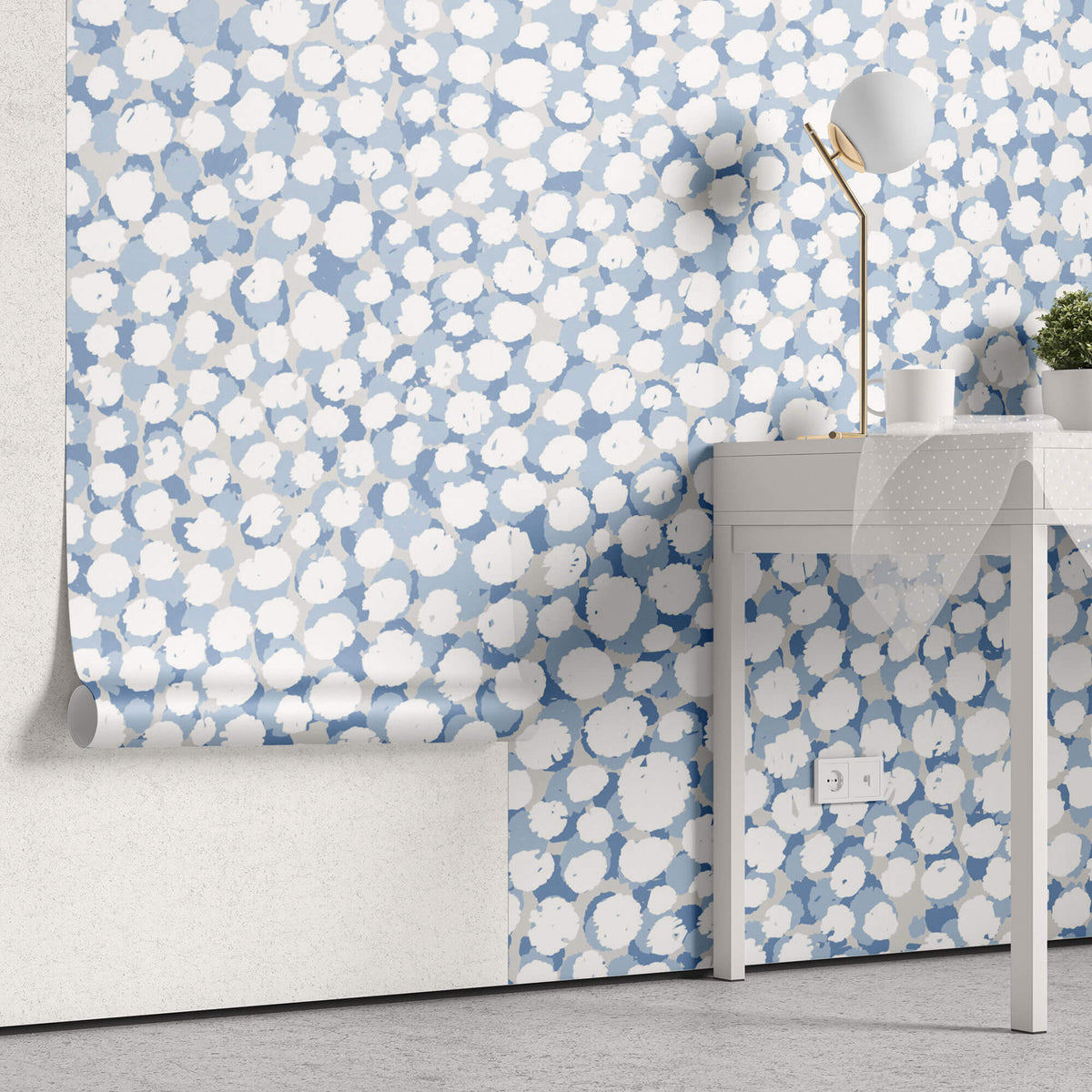 Tapet Personalizat Patterns cu pete de culoare abstracte in nuante de albastru - BLUE DOTTY WHITE