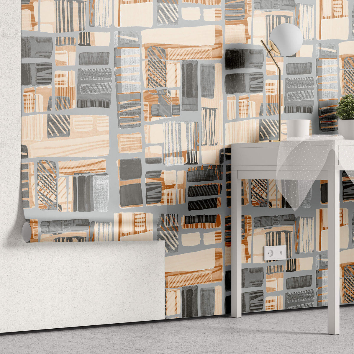 Tapet Personalizat Patterns cu model abstract in nuante gri si portocalii - PAINTED ABSTRACT