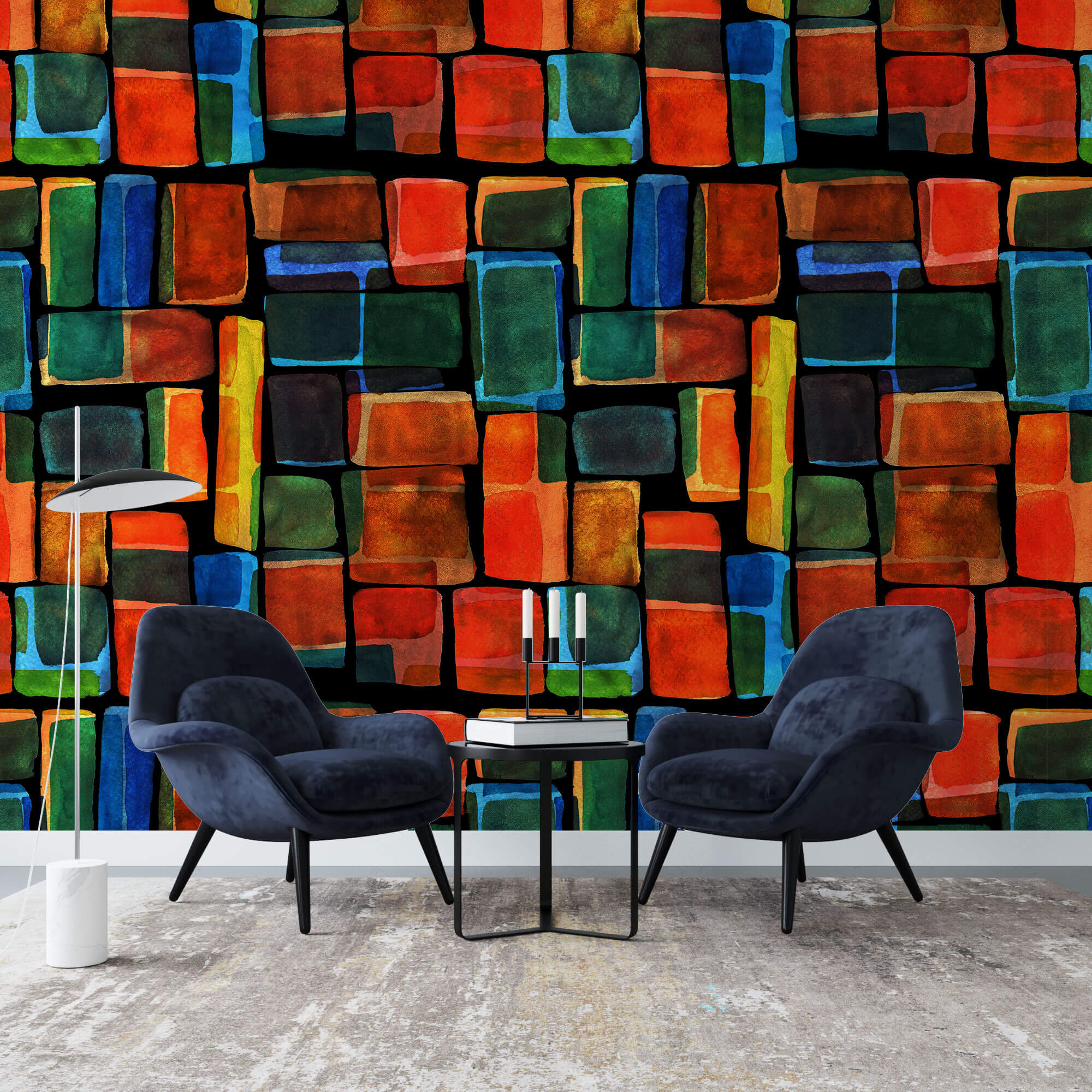 Tapet Personalizat Patterns cu cuburi pictate in nuante de rosu verde si albastru - COLORFUL WATERCOLOR CUBES