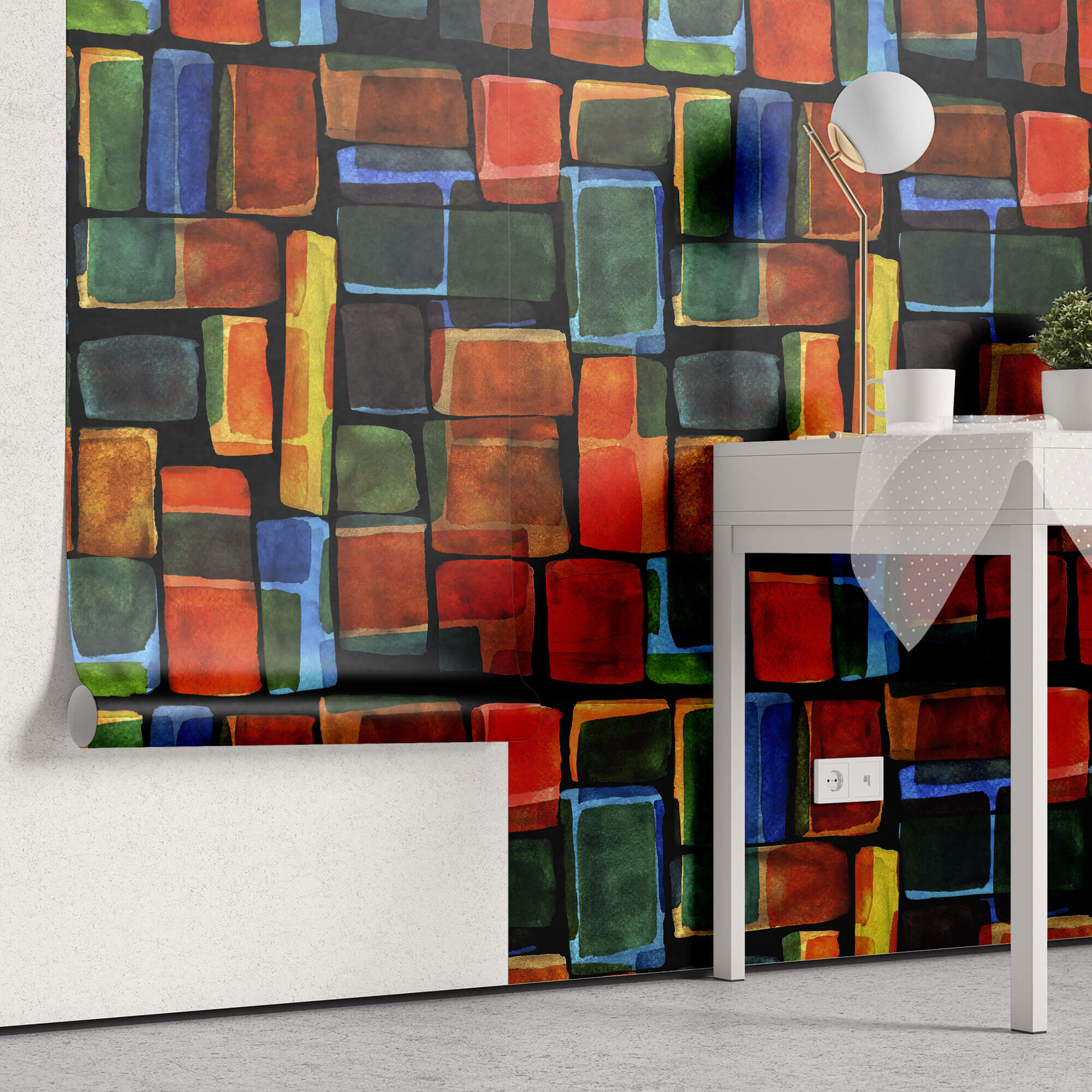 Tapet Personalizat Patterns cu cuburi pictate in nuante de rosu verde si albastru - COLORFUL WATERCOLOR CUBES