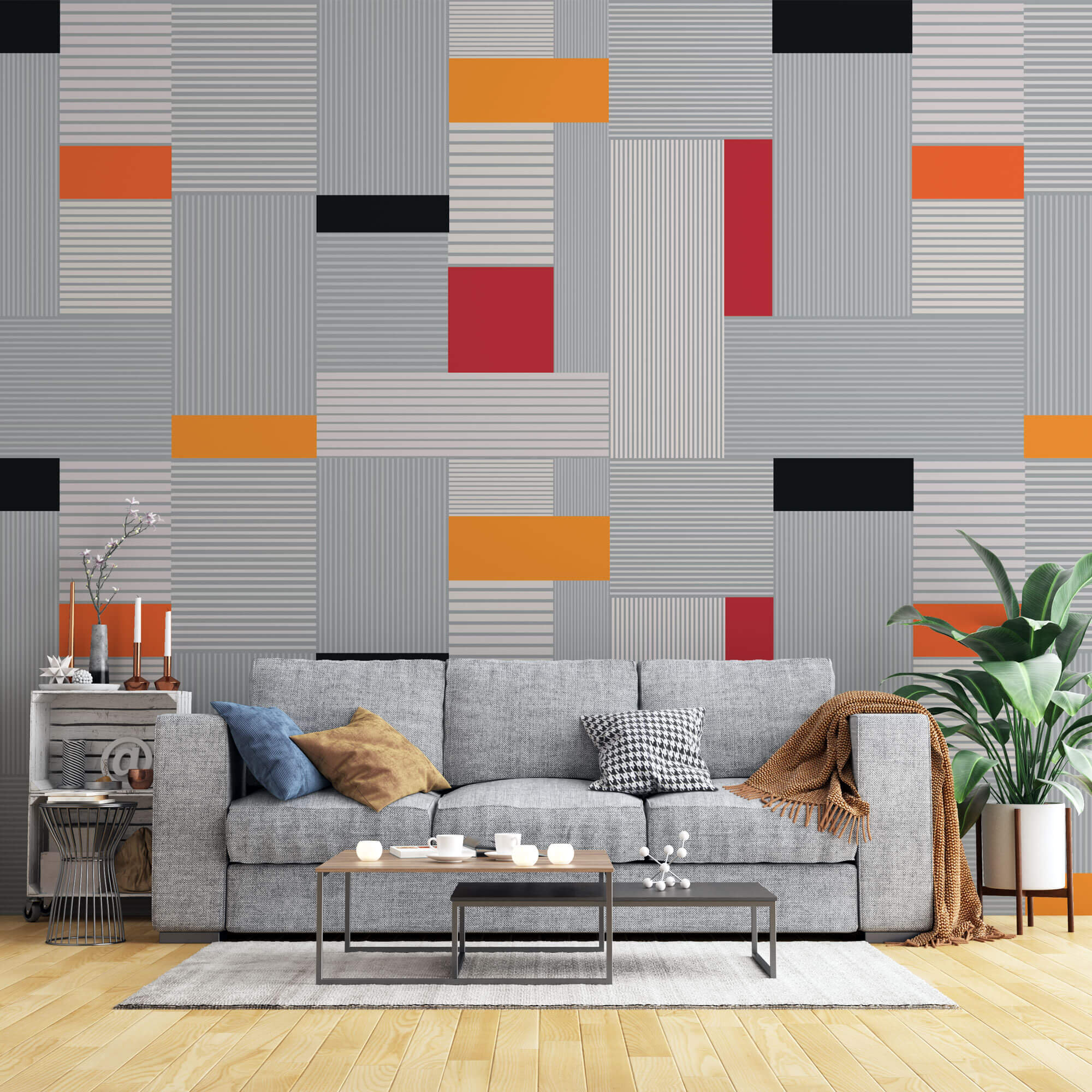 Tapet Personalizat Patterns cu model abstract in nuante de gri rosu si portocaliu - LINES AND COLOR