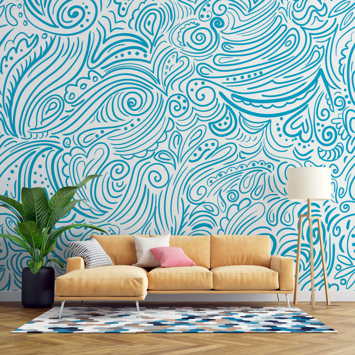 Tapet Personalizat Patterns cu model abstract in nuante de albastru - HEARTS AND WAVES