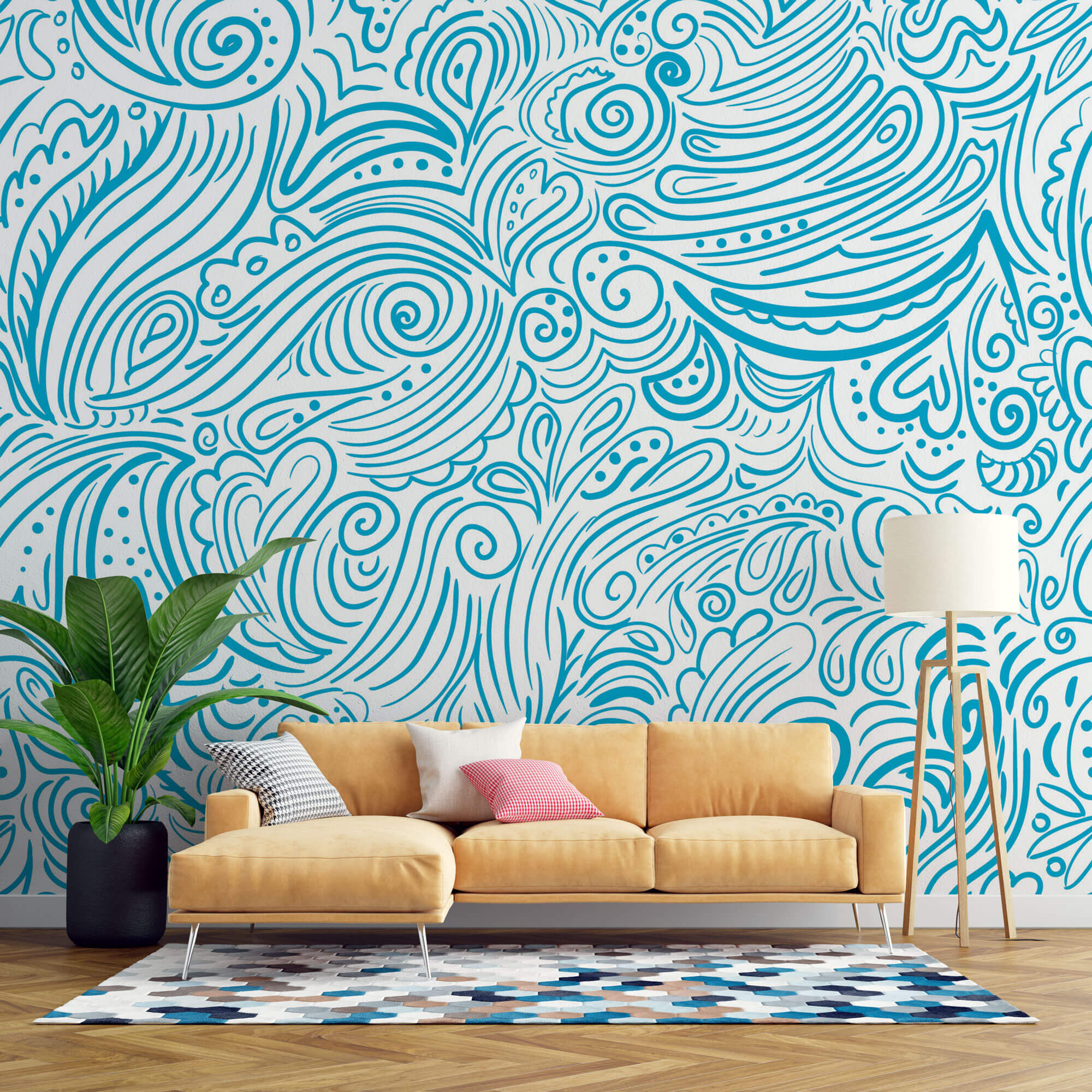 Tapet Personalizat Patterns cu model abstract in nuante de albastru - HEARTS AND WAVES