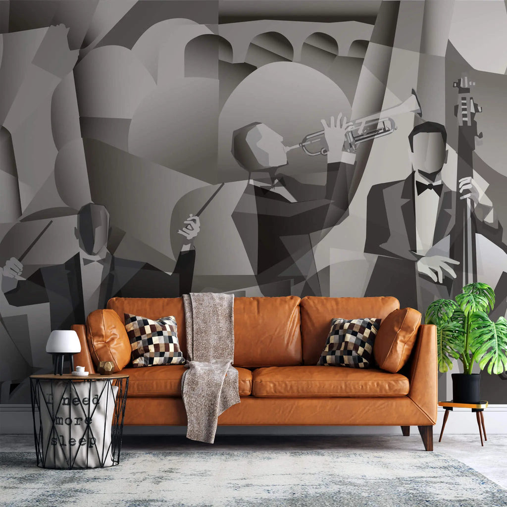 Tapet personalizat abstract in nuante sepia cu trupa de jazz in forme geometrice abstracte abstract jazz