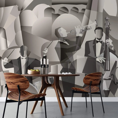 Tapet personalizat abstract in nuante sepia cu trupa de jazz in forme geometrice abstracte abstract jazz