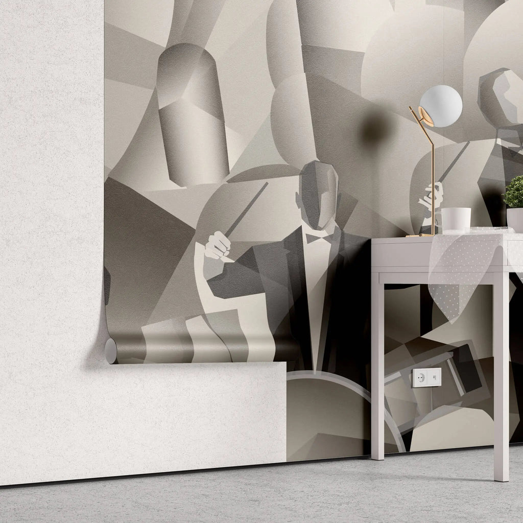 Tapet personalizat abstract in nuante sepia cu trupa de jazz in forme geometrice abstracte abstract jazz