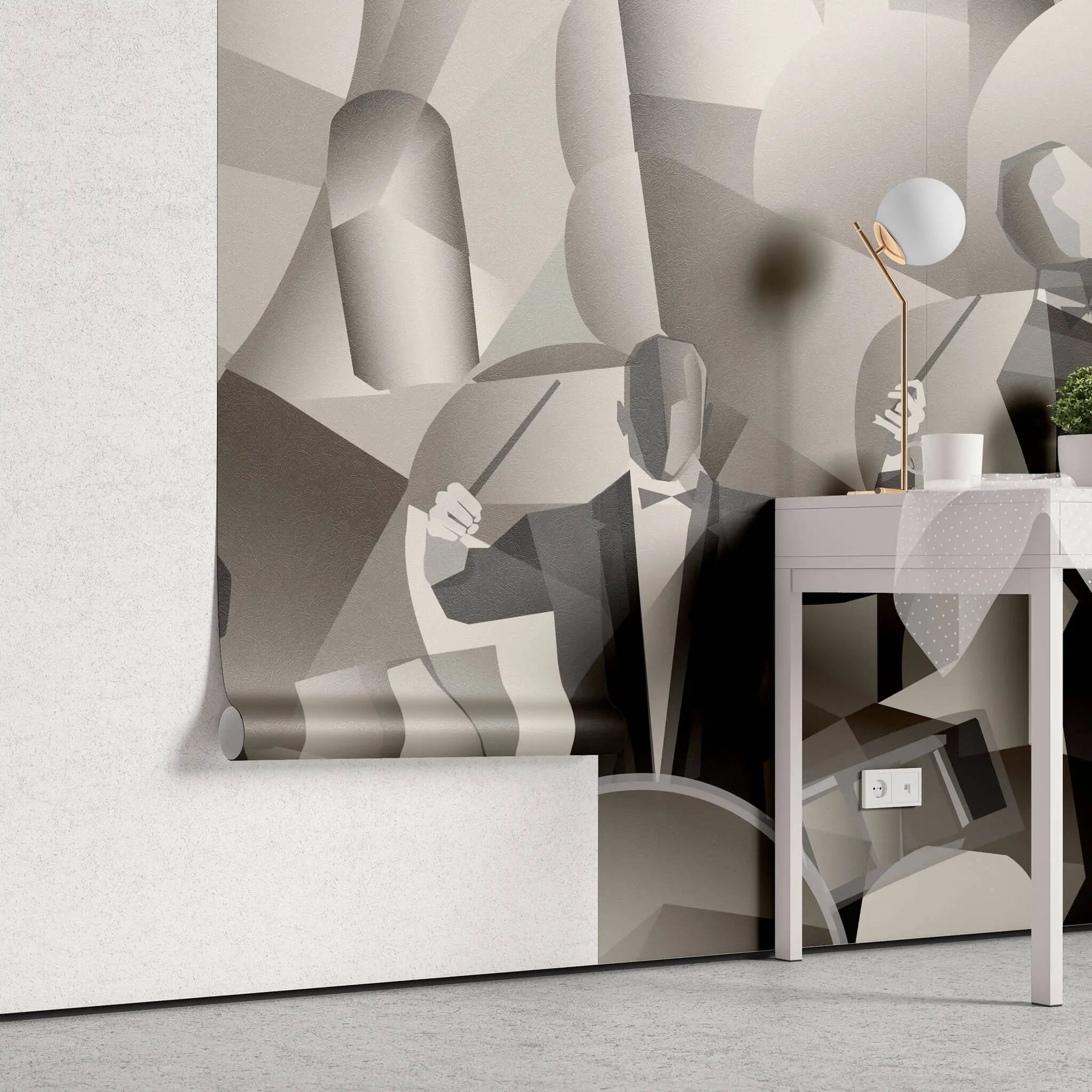 Tapet personalizat abstract in nuante sepia cu trupa de jazz in forme geometrice abstracte abstract jazz