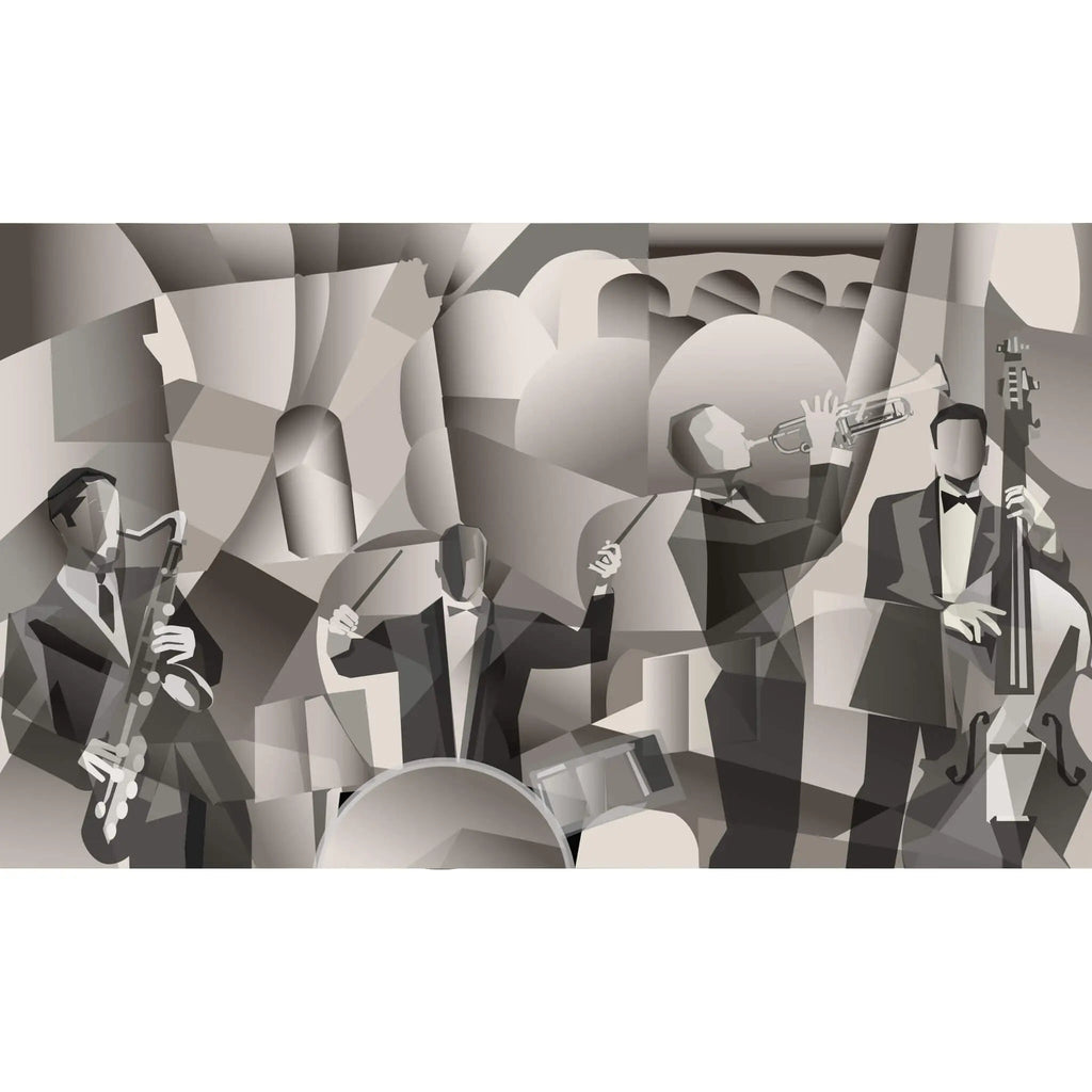 Tapet personalizat abstract in nuante sepia cu trupa de jazz in forme geometrice abstracte abstract jazz