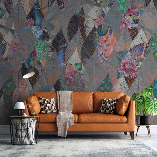 Tapet personalizat abstract cu frunze modele florale si pauni abstract leaves