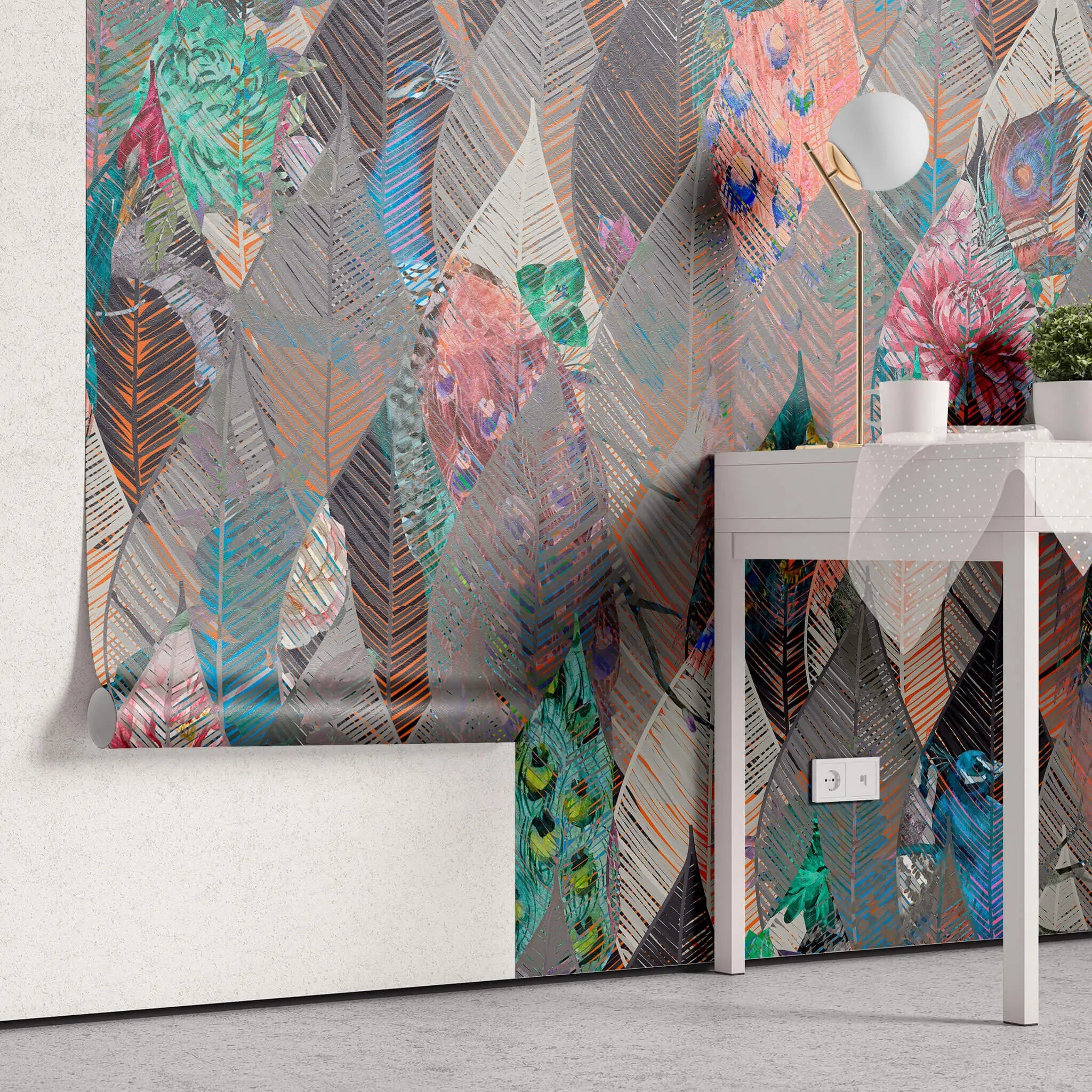 Tapet personalizat abstract cu frunze modele florale si pauni abstract leaves