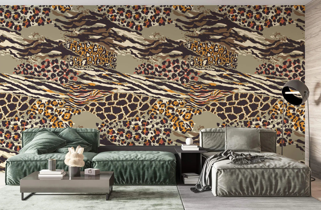 Tapet personalizat abstract cu model animal print de leopard si tigru in nuante calde maronii cheeath