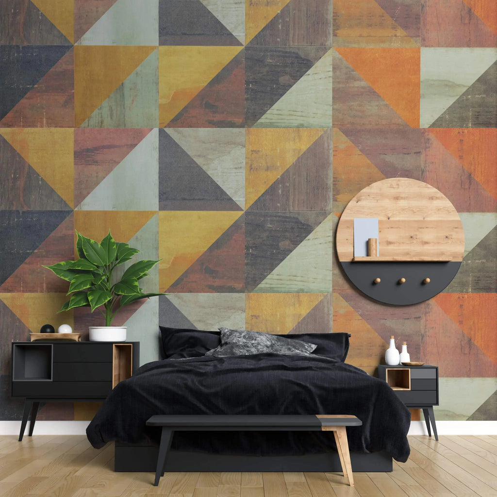Tapet personalizat abstract cu forme geometrice in nuante calde complementare complementary geometrics