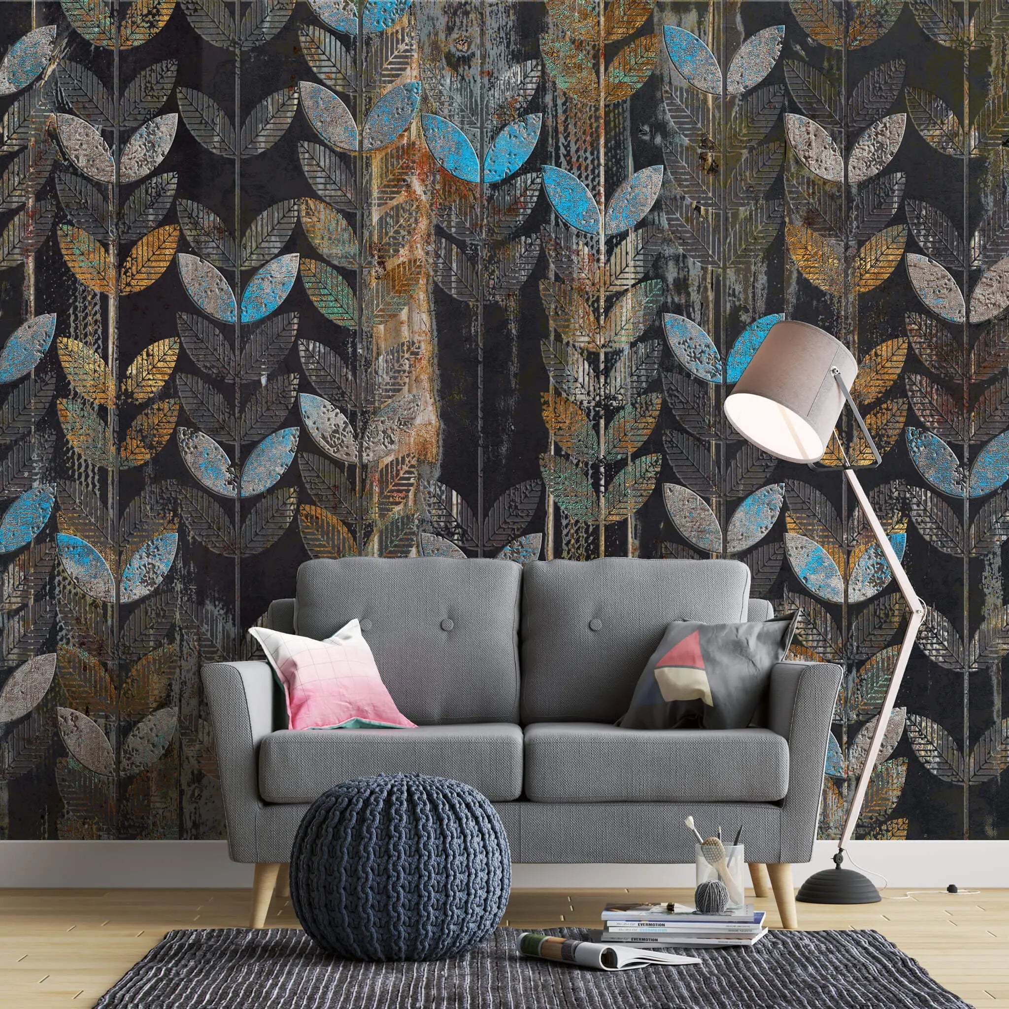 Tapet personalizat abstract cu frunze pe fundal negru leaves stamp
