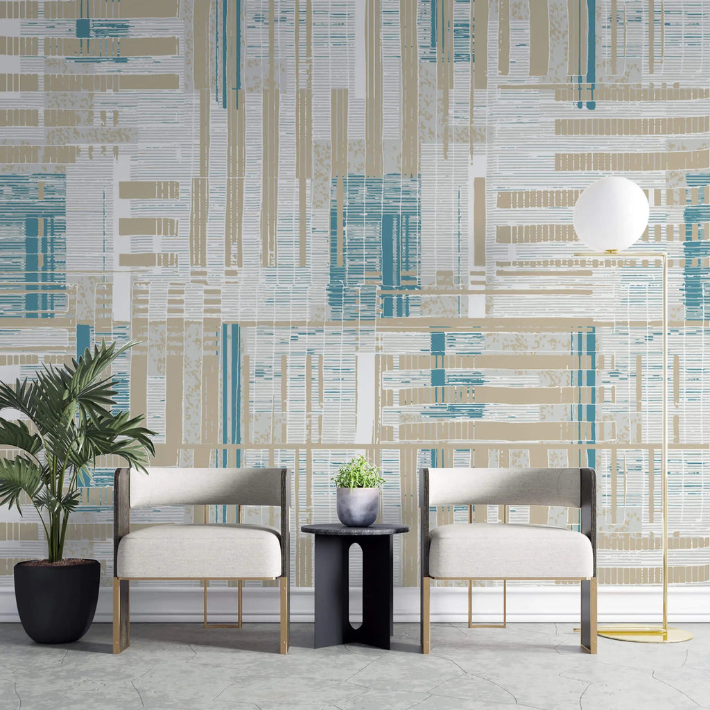 Tapet personalizat abstract cu dungi bej albastre si albe sand stripes