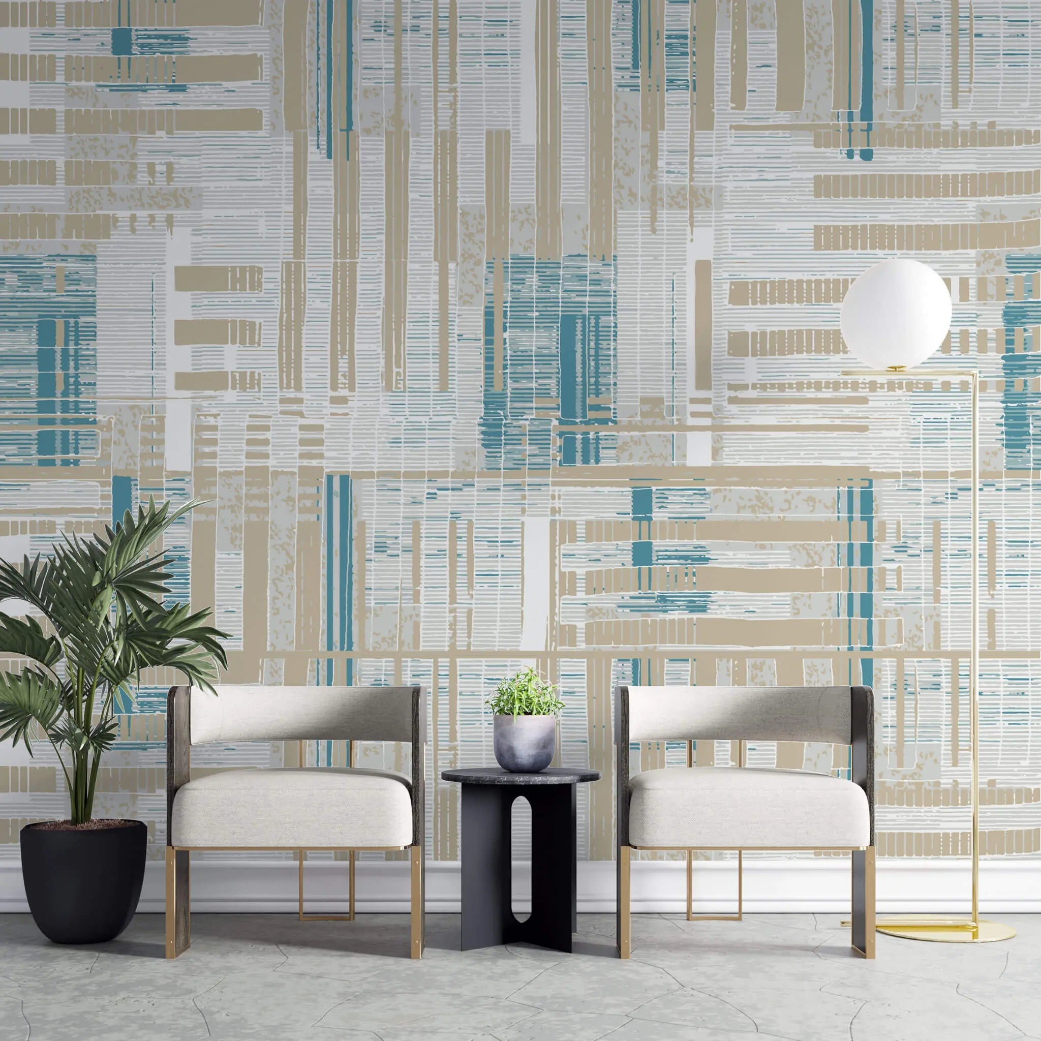Tapet personalizat abstract cu dungi bej albastre si albe sand stripes