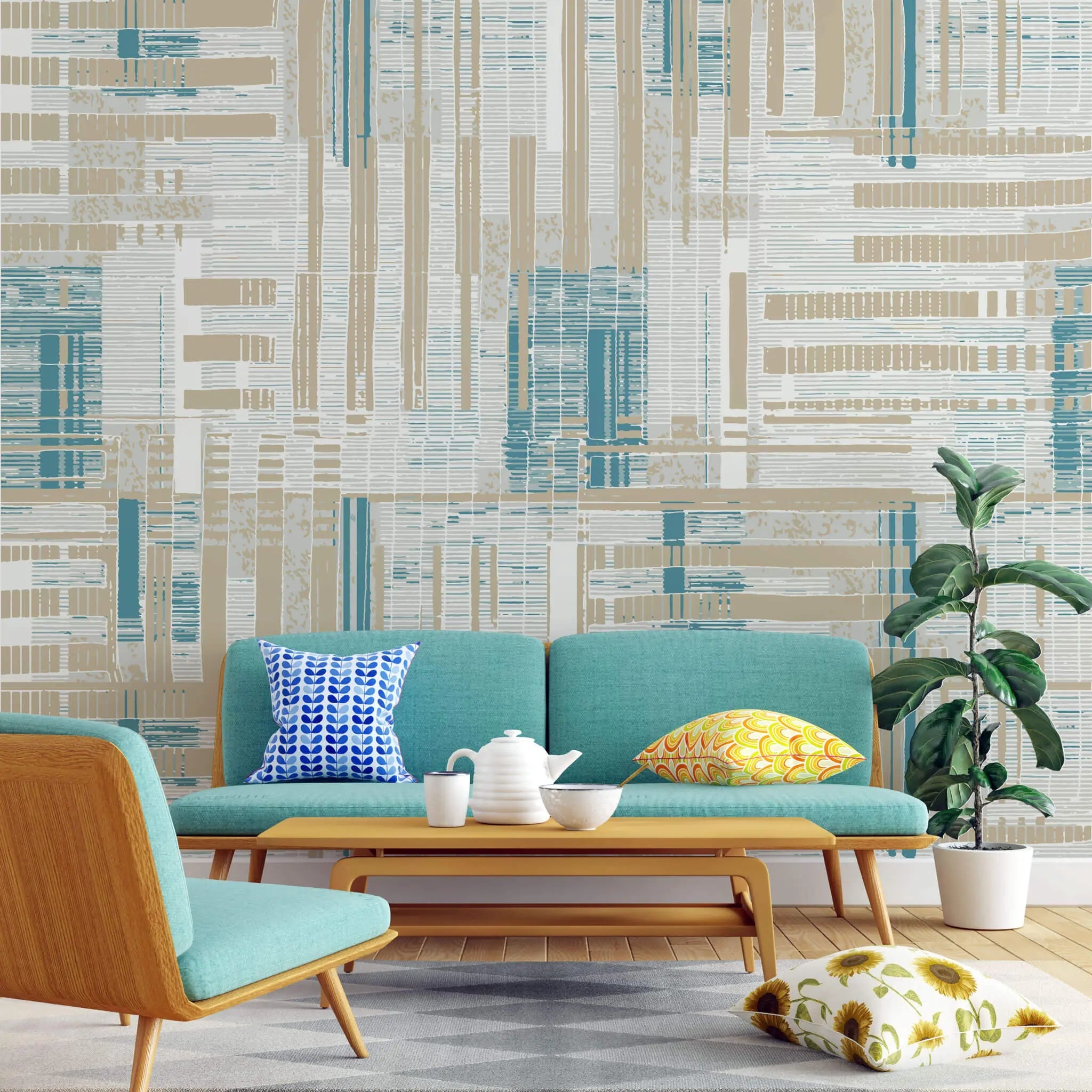 Tapet personalizat abstract cu dungi bej albastre si albe sand stripes
