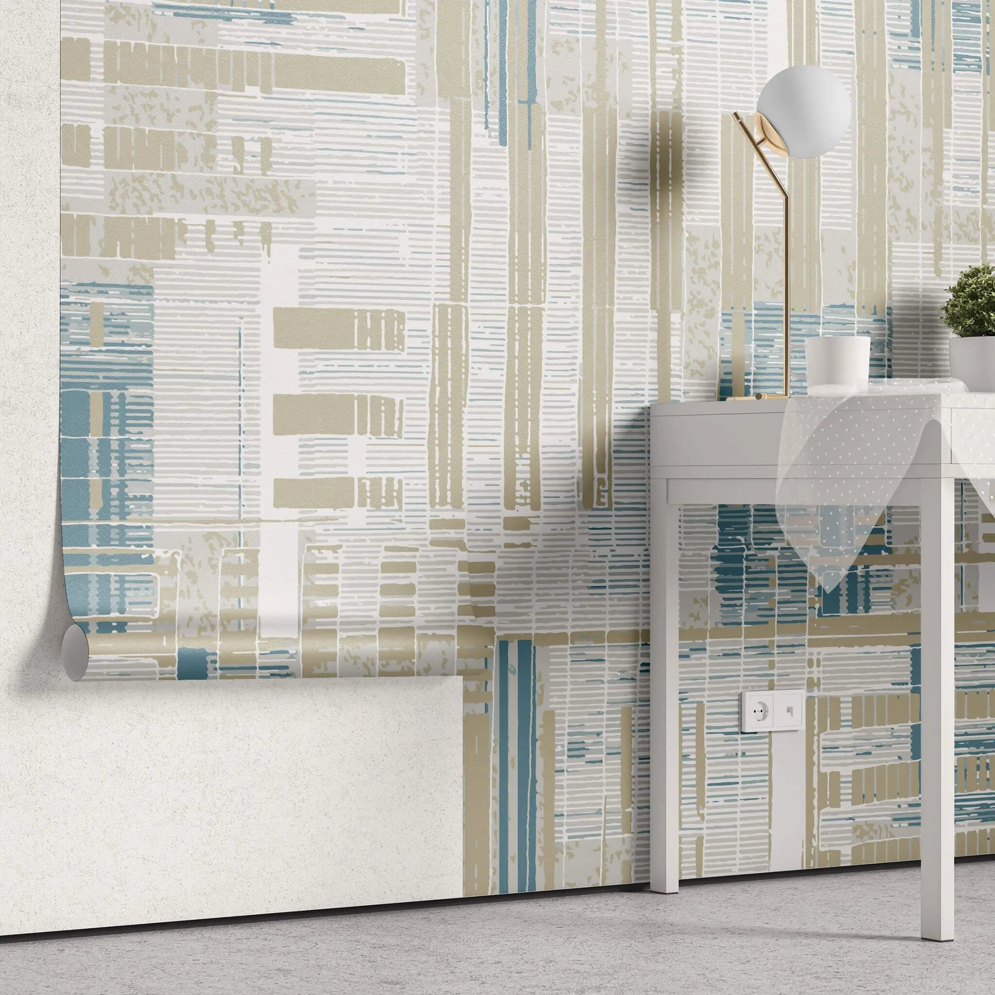 Tapet personalizat abstract cu dungi bej albastre si albe sand stripes