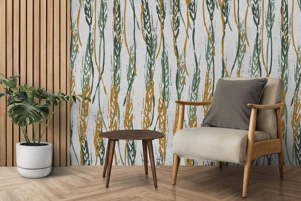 Tapet personalizat abstract cu spic de grau in nuante de verde si portocaliu wheat spikes