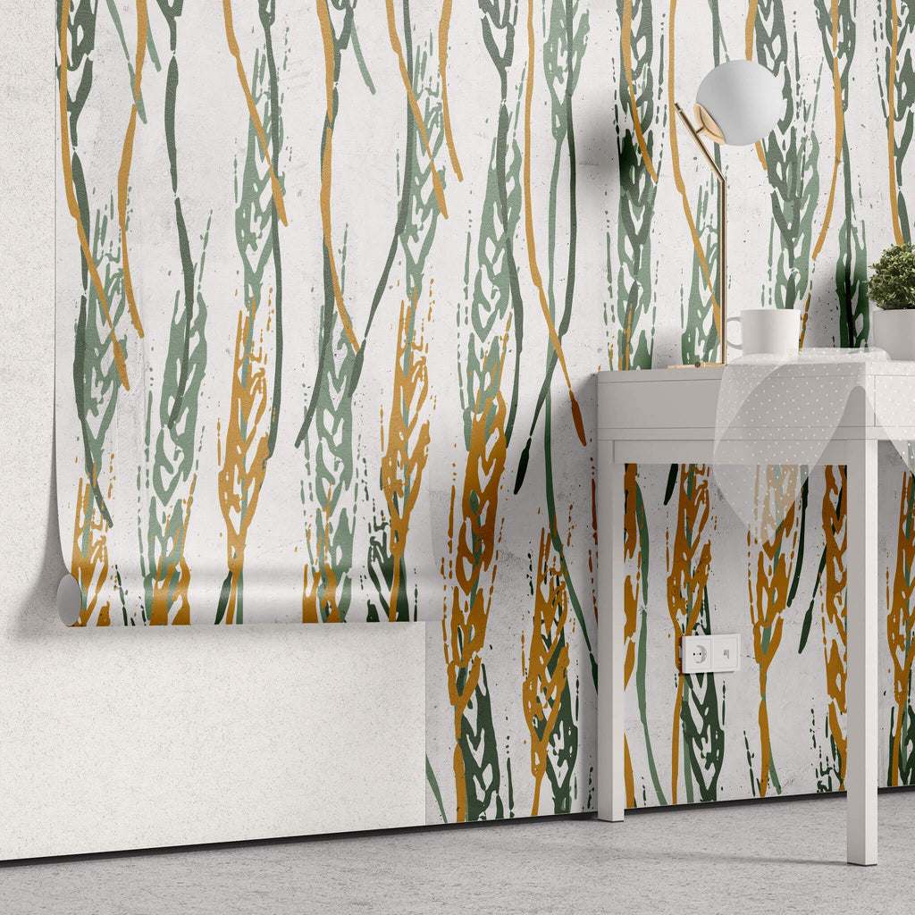 Tapet personalizat abstract cu spic de grau in nuante de verde si portocaliu wheat spikes