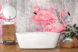 Tapet personalizat abstract cu pasari flamingo pe un fundal de perete alb gri texturat pink flamingo