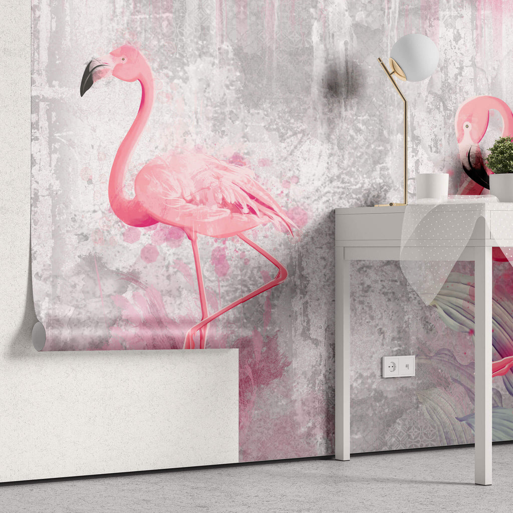 Tapet personalizat abstract cu pasari flamingo pe un fundal de perete alb gri texturat pink flamingo