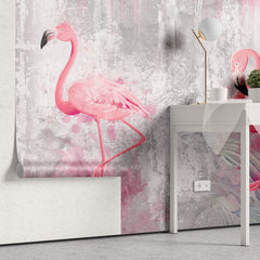 Tapet personalizat abstract cu pasari flamingo pe un fundal de perete alb gri texturat pink flamingo