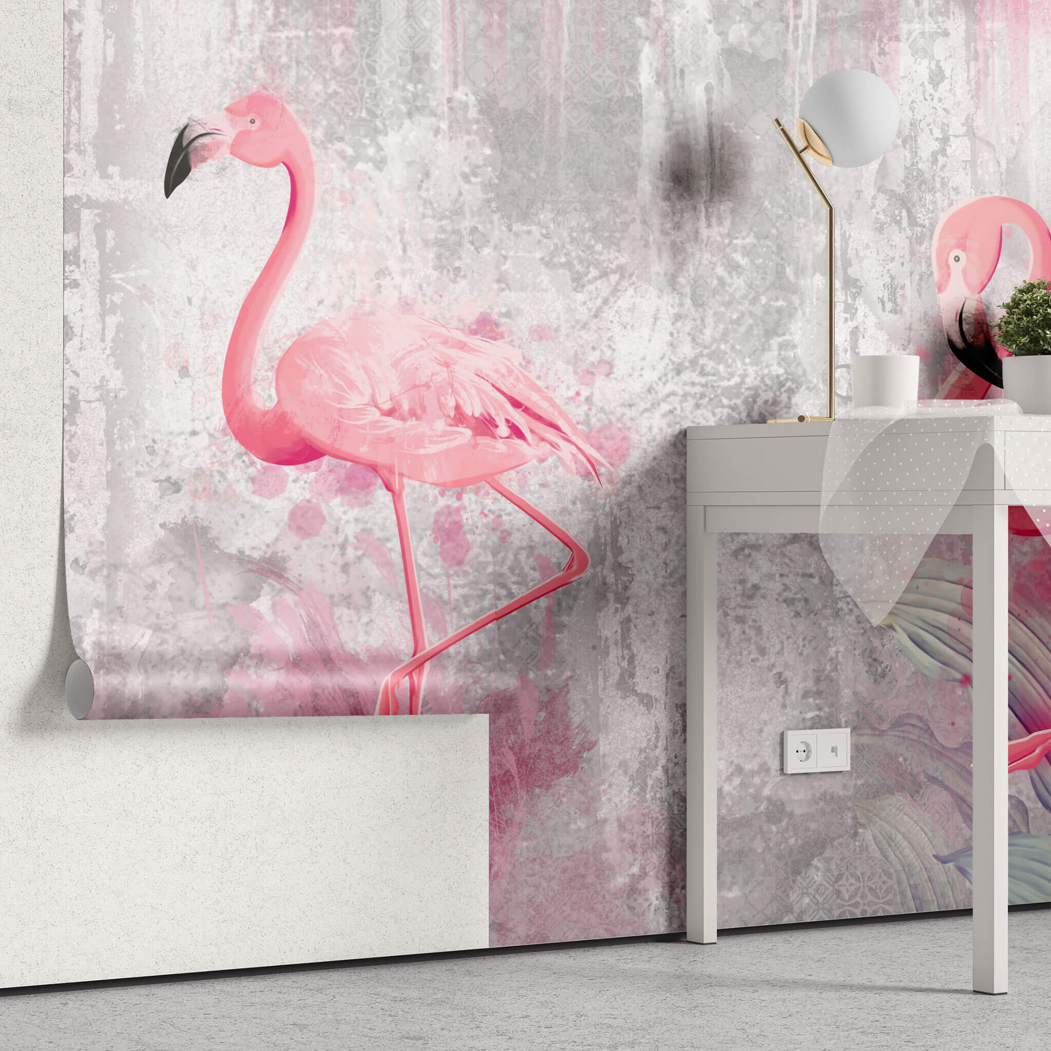 Tapet personalizat abstract cu pasari flamingo pe un fundal de perete alb gri texturat pink flamingo