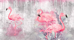 Tapet personalizat abstract cu pasari flamingo pe un fundal de perete alb gri texturat pink flamingo