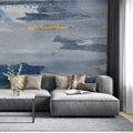 Tapet personalizat abstract cu insertii texturate in nuante de ablastru gri si auriu blue grain wall